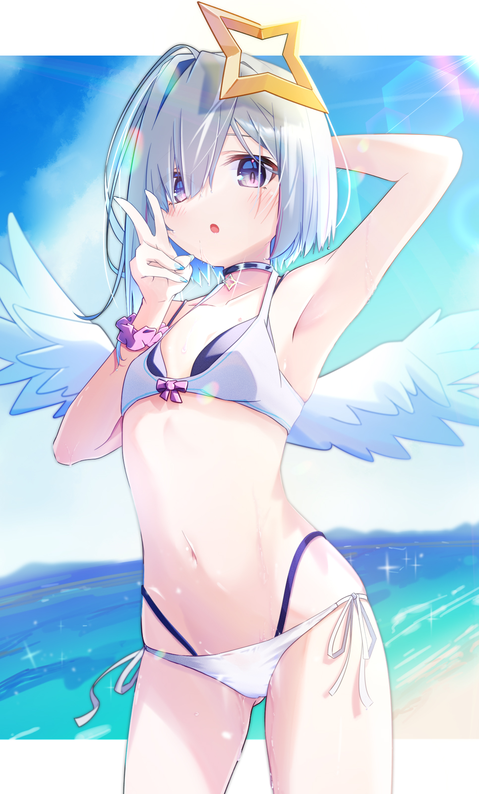 1girl, amane_kanata, angel_wings, armpits, bare_shoulders, bikini, blue_choker, blue_hair