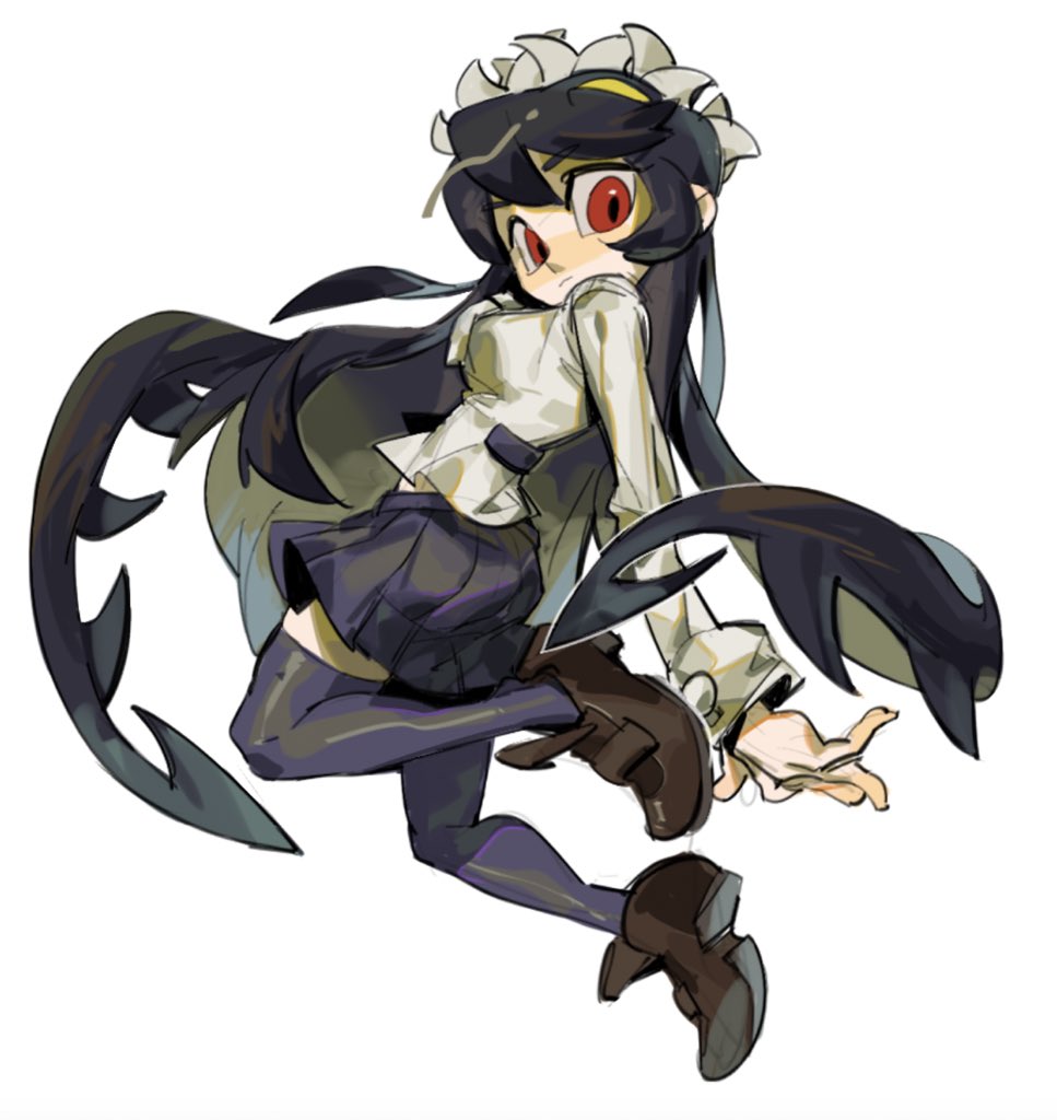 1girl, black_hair, black_skirt, black_thighhighs, blush, boniteo1, brown_shoes, extra_mouth