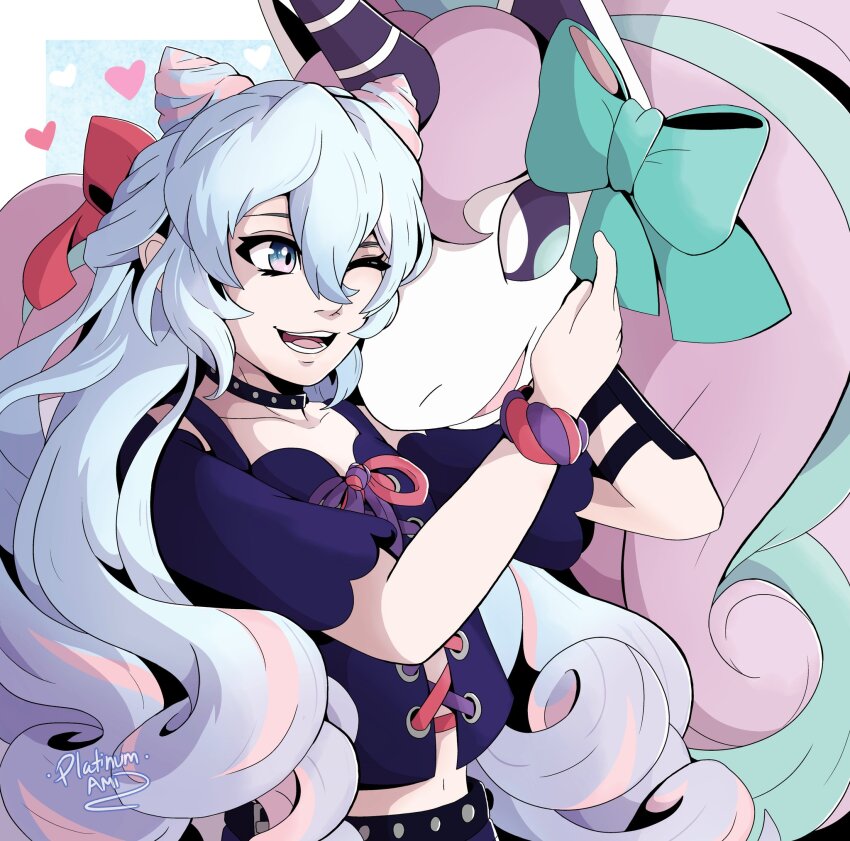 1boy, 1other, androgynous, animal, black_choker, black_shirt, blue_eyes, blue_hair