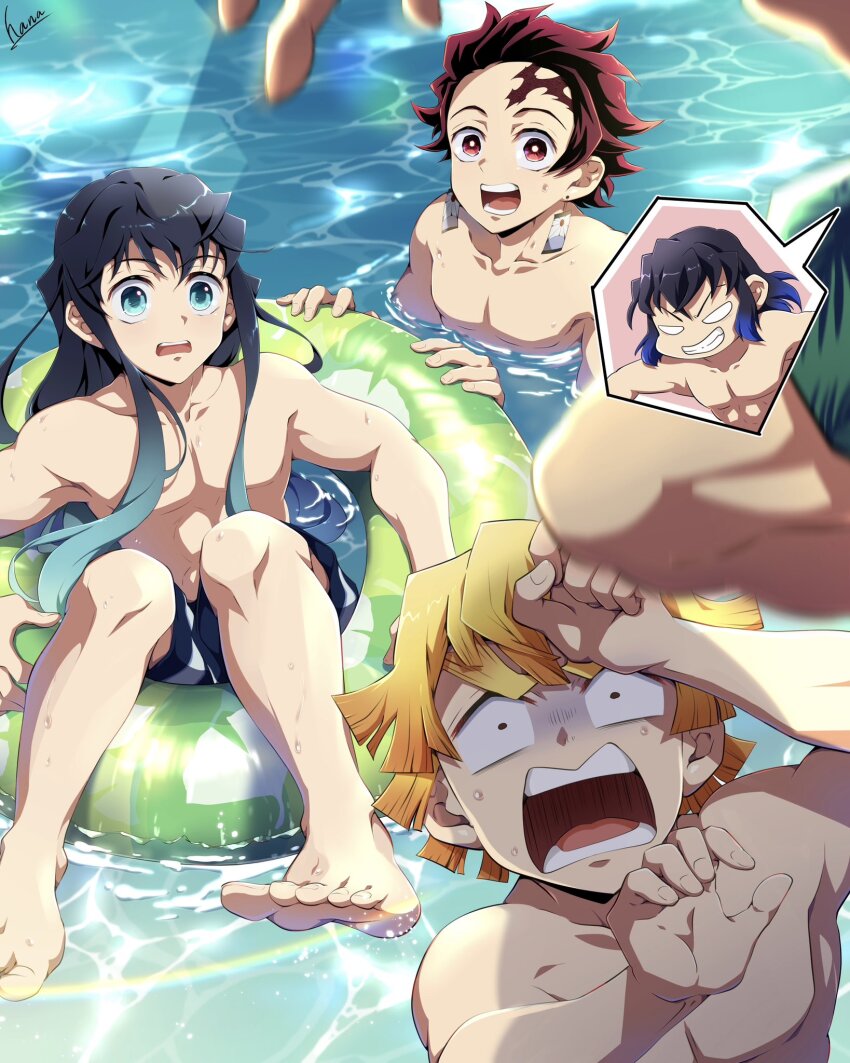 4boys, abs, agatsuma_zenitsu, aqua_eyes, aqua_hair, black_hair, black_male_swimwear, blonde_hair