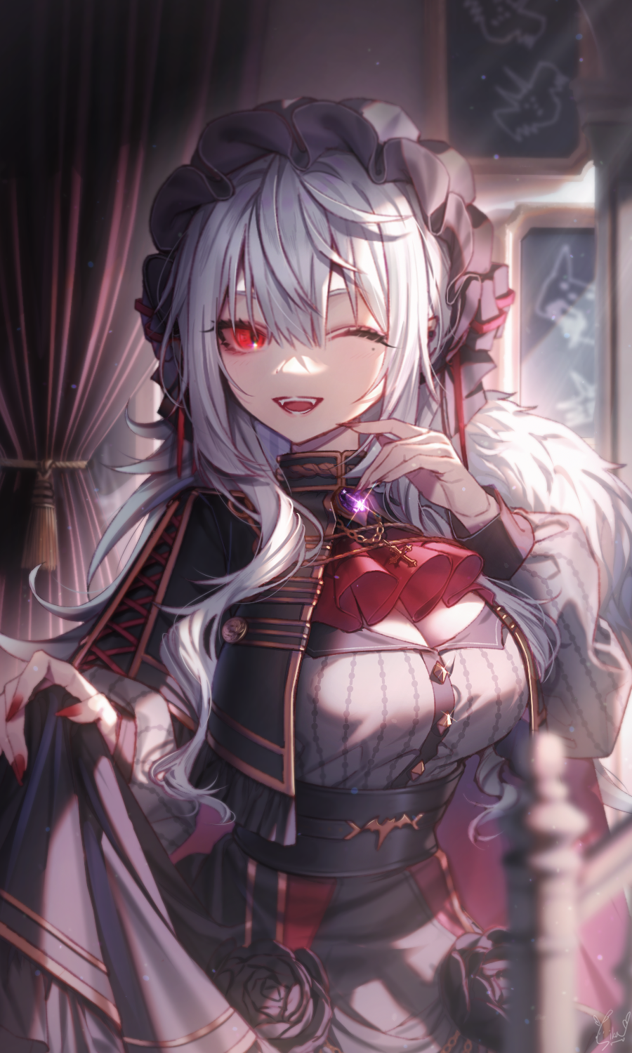 1girl, black_skirt, breasts, cleavage, clothes_lift, fangs, genderswap, genderswap_(mtf)