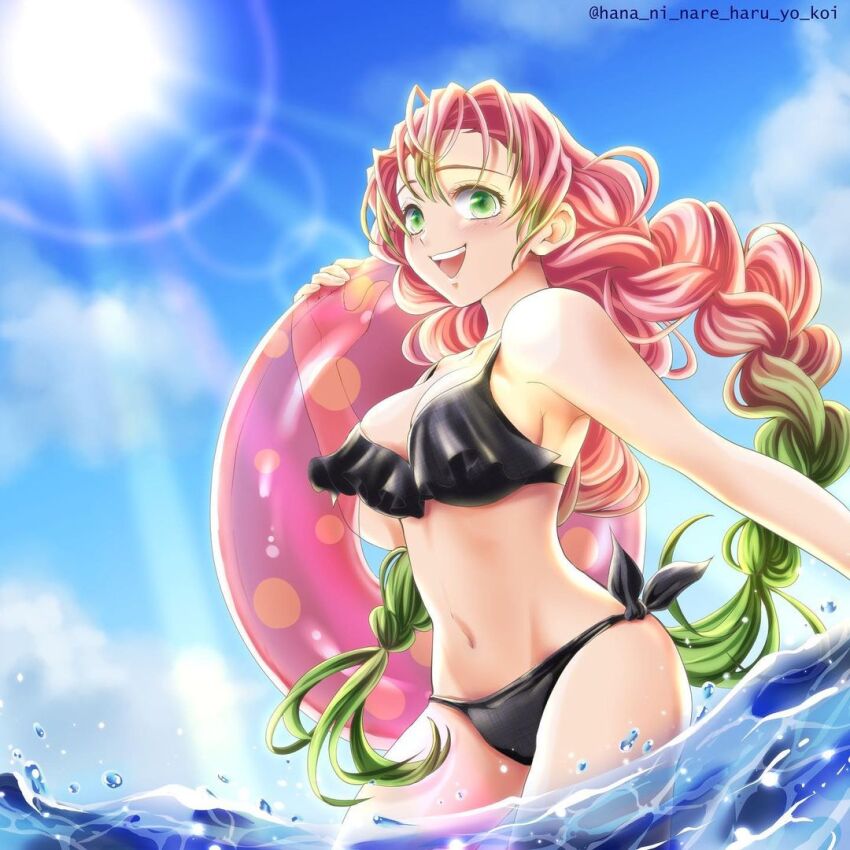 1girl, bikini, black_bikini, blue_sky, braid, breasts, gradient_hair, green_eyes
