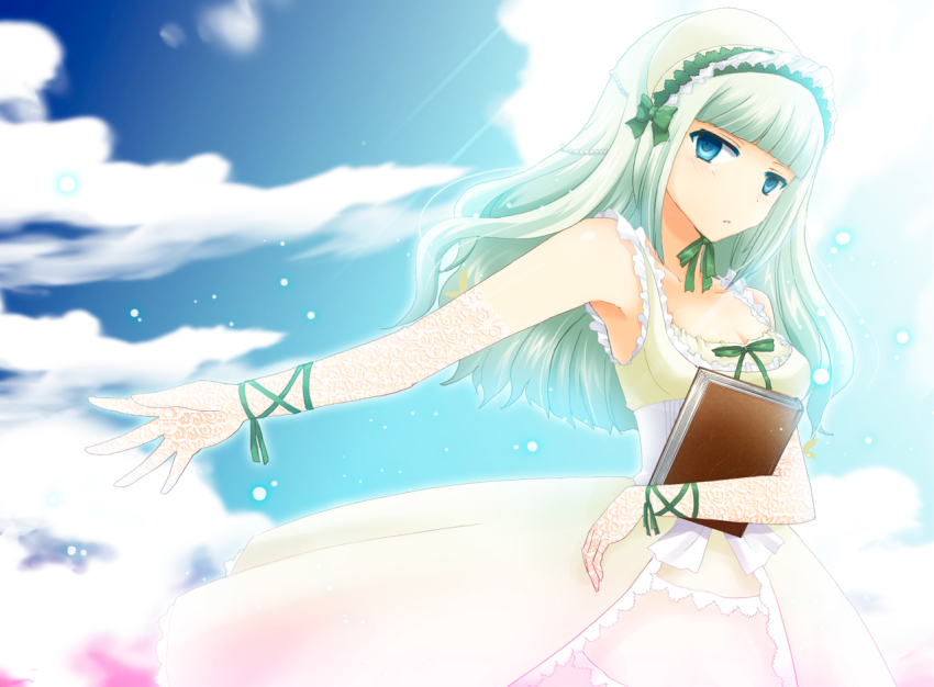 1girl, bad_id, bad_pixiv_id, blue_eyes, book, clair_vaux_bernardus, dress, female_focus