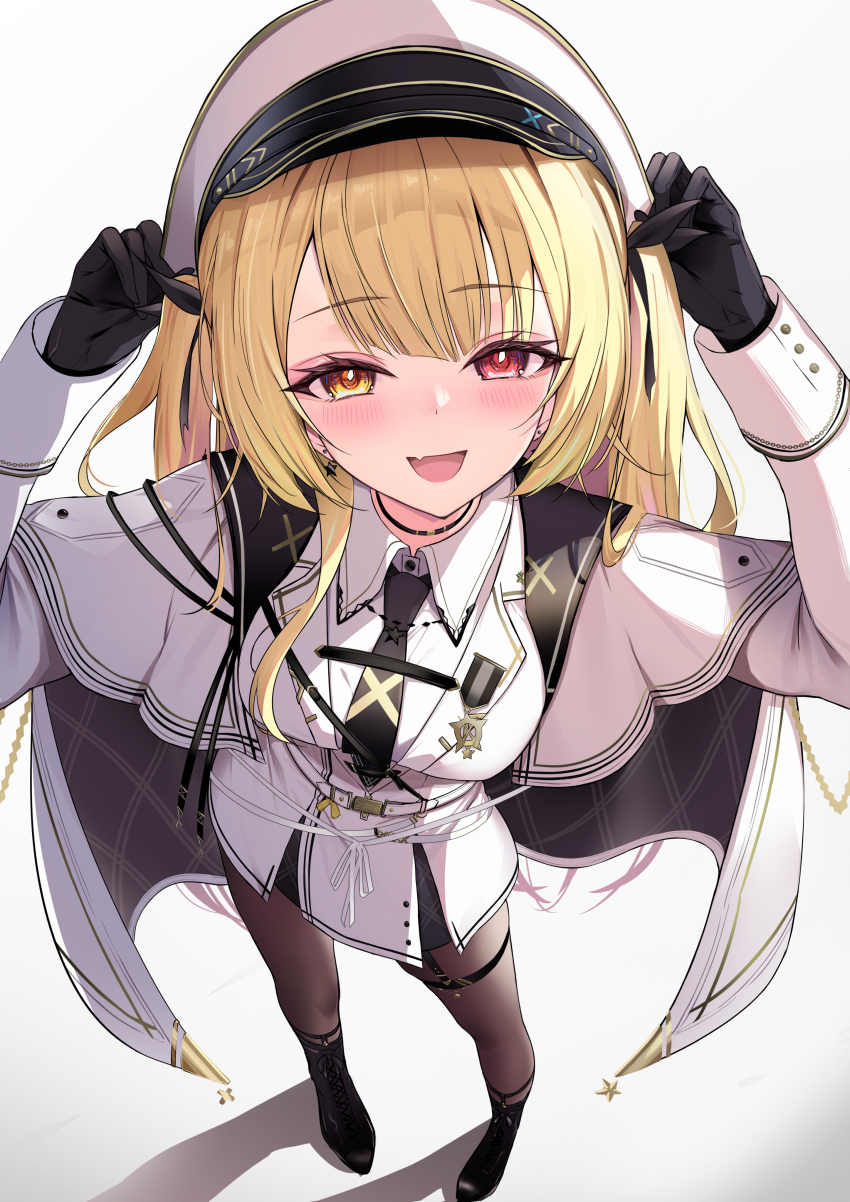 1girl, absurdres, black_footwear, black_gloves, black_necktie, black_ribbon, blonde_hair, blush