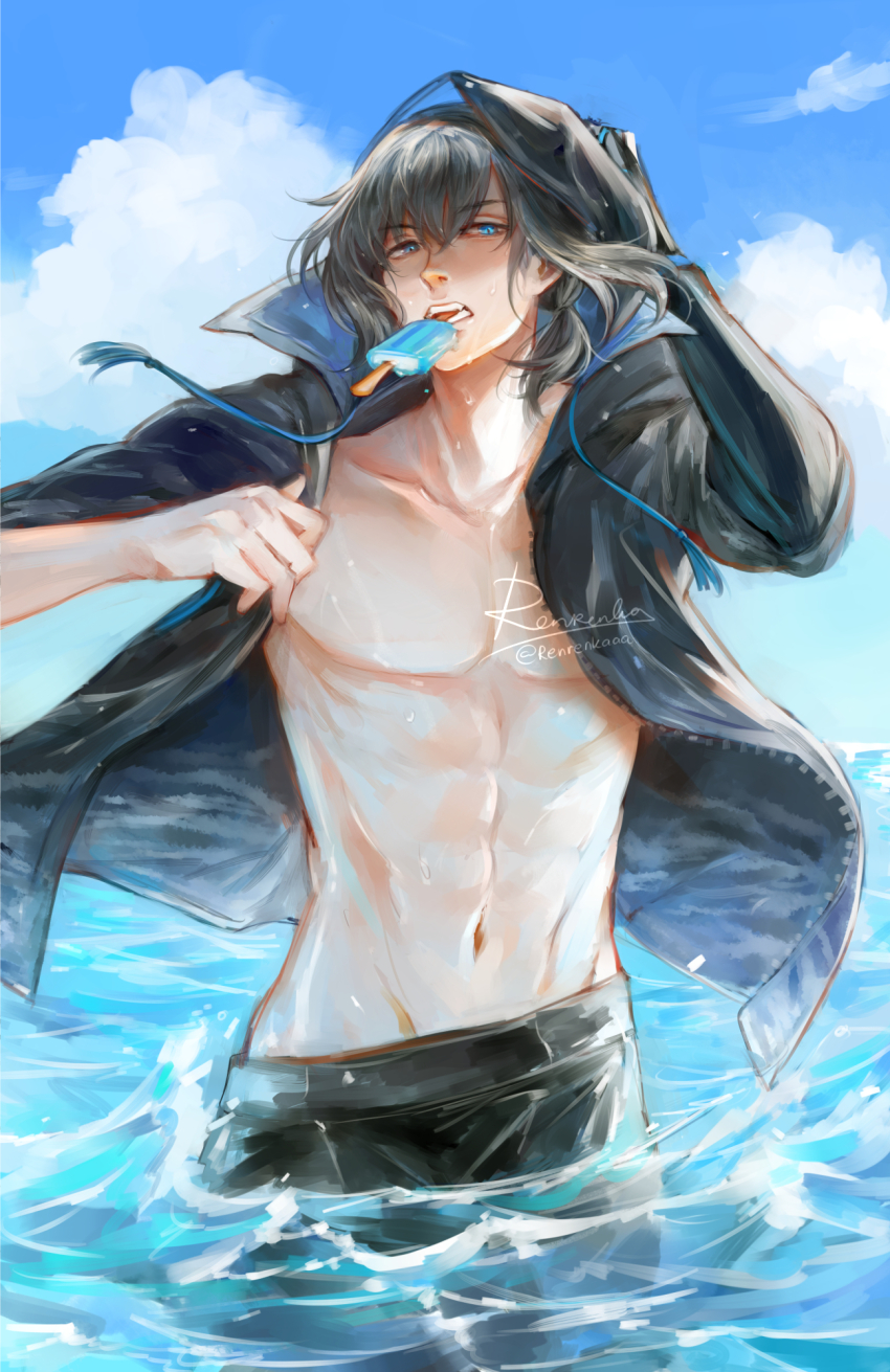 1boy, abs, arm_up, black_gloves, black_hair, black_jacket, black_pants, blue_eyes