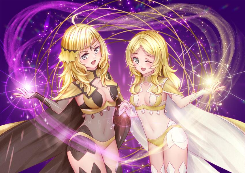 2girls, blonde_hair, breasts, cape, cleavage, cosplay, covered_navel, dark_mage_(fire_emblem_fates), fire_emblem, fire_emblem_awakening, fire_emblem_fates, grandmother_and_granddaughter, hair_down, large_breasts, lissa_(fire_emblem), long_hair, meryosie, multiple_girls, nintendo, one_eye_closed, open_mouth, ophelia_(fire_emblem), ophelia_(fire_emblem)_(cosplay), panties, small_breasts, smile, underwear, yellow_panties