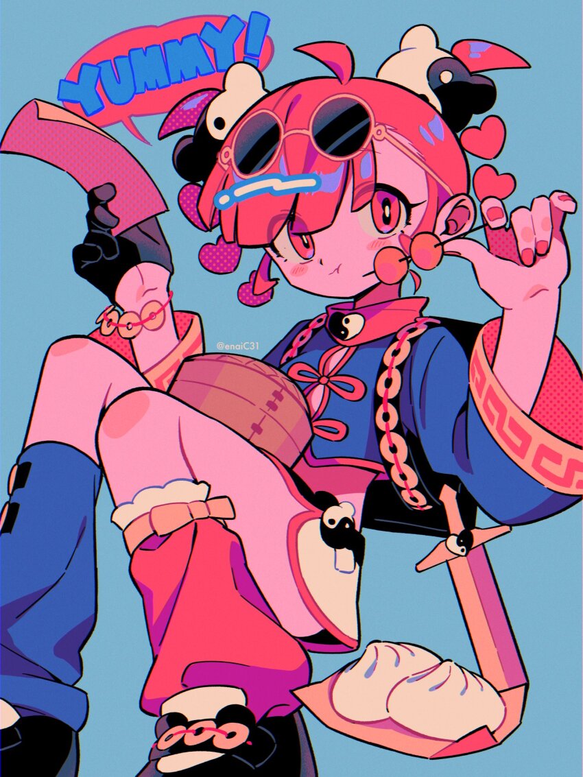 1girl, ahoge, asymmetrical_legwear, backpack, bag, bamboo_steamer, bear_hair_ornament, black_bag, black_gloves, blue_background, blush_stickers, bracelet, buro_(exorcist_master)_(muse_dash), buro_(muse_dash), chinese_clothes, crop_top, dango, dumpling, eating, english_text, eyelashes, eyewear_on_head, food, gloves, hair_ornament, heart, highres, holding, holding_food, holding_paper, jewelry, jian_(weapon), leg_warmers, mary_janes, menma_(enaic31), midriff, miniskirt, mismatched_legwear, muse_dash, nail_polish, orb, paper, red_eyes, red_hair, red_nails, shoes, short_hair, simple_background, single_glove, skirt, solo, speech_bubble, sword, tinted_eyewear, wagashi, weapon, white_skirt, wide_sleeves, yin_yang, yin_yang_orb