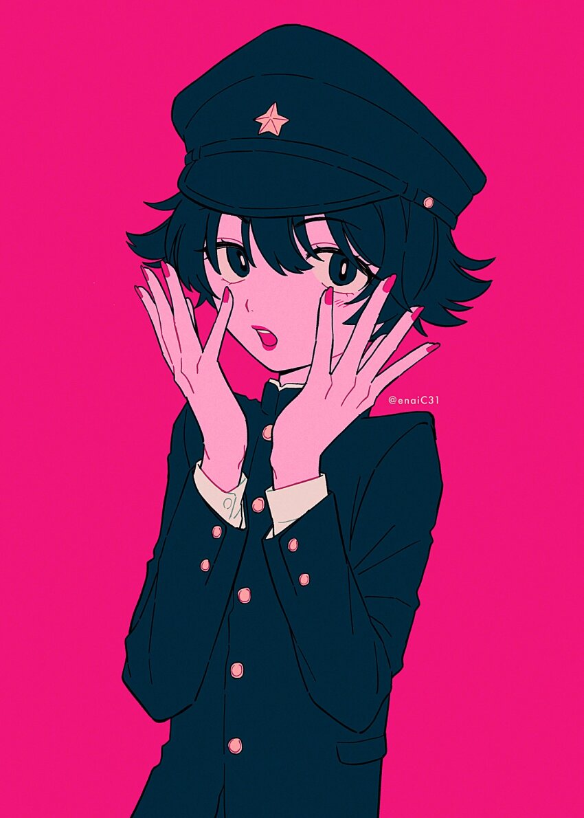 1boy, androgynous, black_eyes, black_hair, black_jacket, blush, bright_pupils, eyelashes