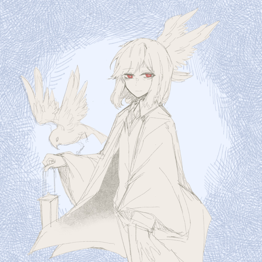 1boy, bird, blue_background, bright_pupils, closed_mouth, coat, collared_shirt, cowboy_shot