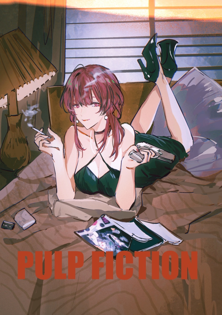 1girl, alternate_costume, bare_shoulders, bed, black_dress, black_footwear, breasts, cigarette, cleavage, closed_mouth, collarbone, commentary, criss-cross_halter, d-aprken, desk_lamp, dress, earrings, english_text, gun, halterneck, hand_up, handgun, high_heels, highres, holding, holding_cigarette, holding_gun, holding_weapon, honkai:_star_rail, honkai_(series), jewelry, kafka_(dinner_party)_(honkai:_star_rail), kafka_(honkai:_star_rail), lamp, large_breasts, leg_up, lipstick, looking_at_viewer, lying, magazine_(object), makeup, medium_breasts, medium_hair, on_bed, on_stomach, parody, pillow, poster_parody, pulp_fiction, purple_eyes, purple_hair, sidelocks, sleeveless, sleeveless_dress, smile, smoke, smoke_trail, solo, the_pose, weapon, window, window_blinds