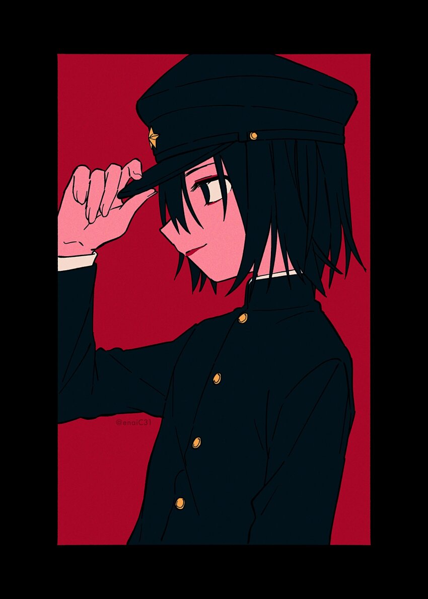 1boy, adjusting_clothes, adjusting_headwear, black_border, black_eyes, black_hair, black_hat, border, buttons, eyelashes, gakuran, gakuseibou, hat, highres, jaibo, lipstick, litchi_hikari_club, long_sleeves, makeup, male_focus, menma_(enaic31), red_background, school_uniform, solo, upper_body