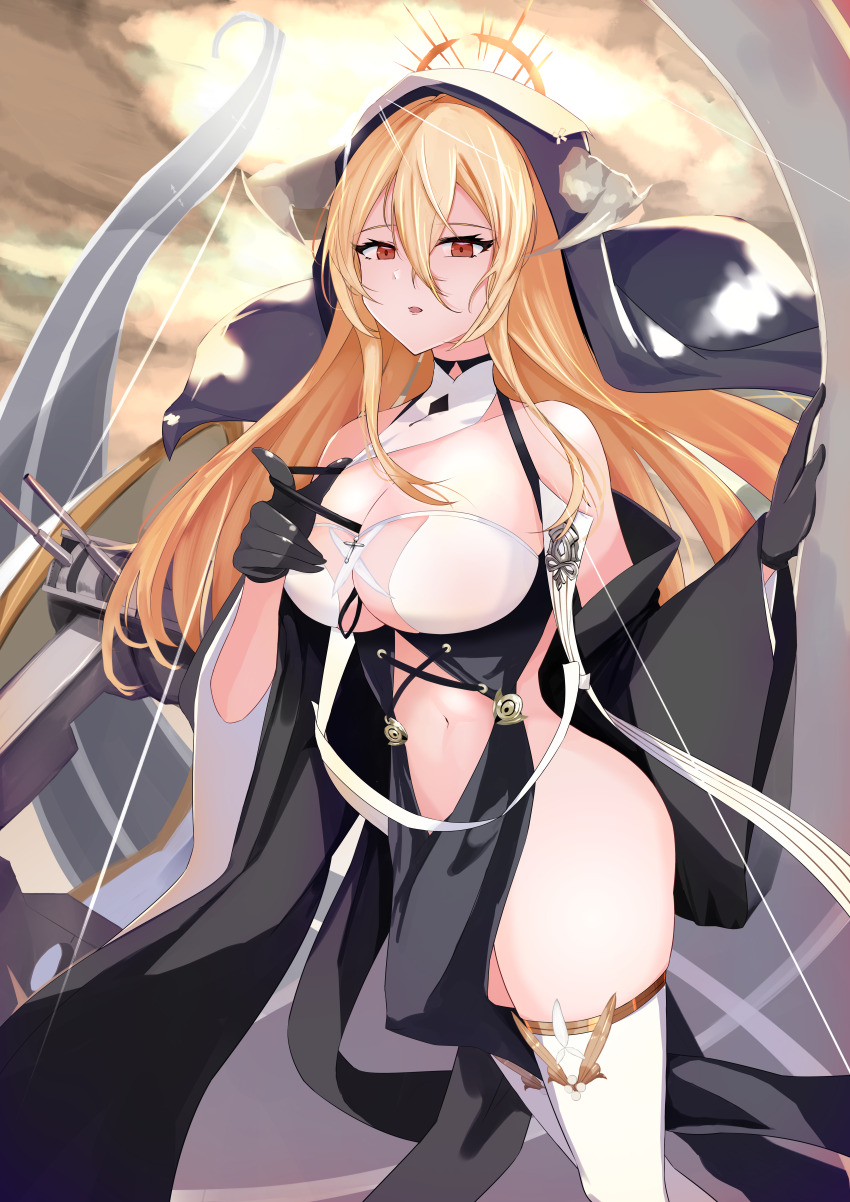 1girl, absurdres, azur_lane, bare_shoulders, black_gloves, blonde_hair, breast_cutouts, breasts
