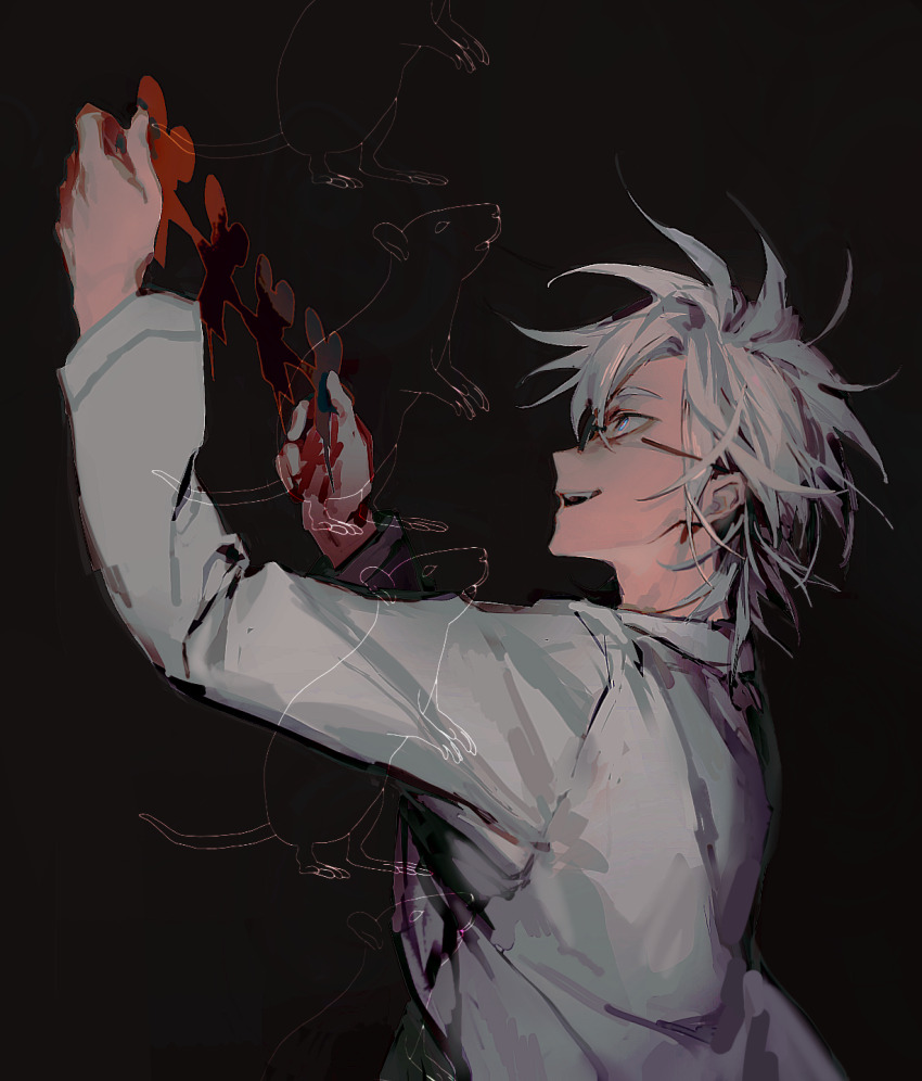 1boy, blood, blood_on_hands, chinese_commentary, chuhaokuangbaozhanji, commentary_request, glasses, green_shirt