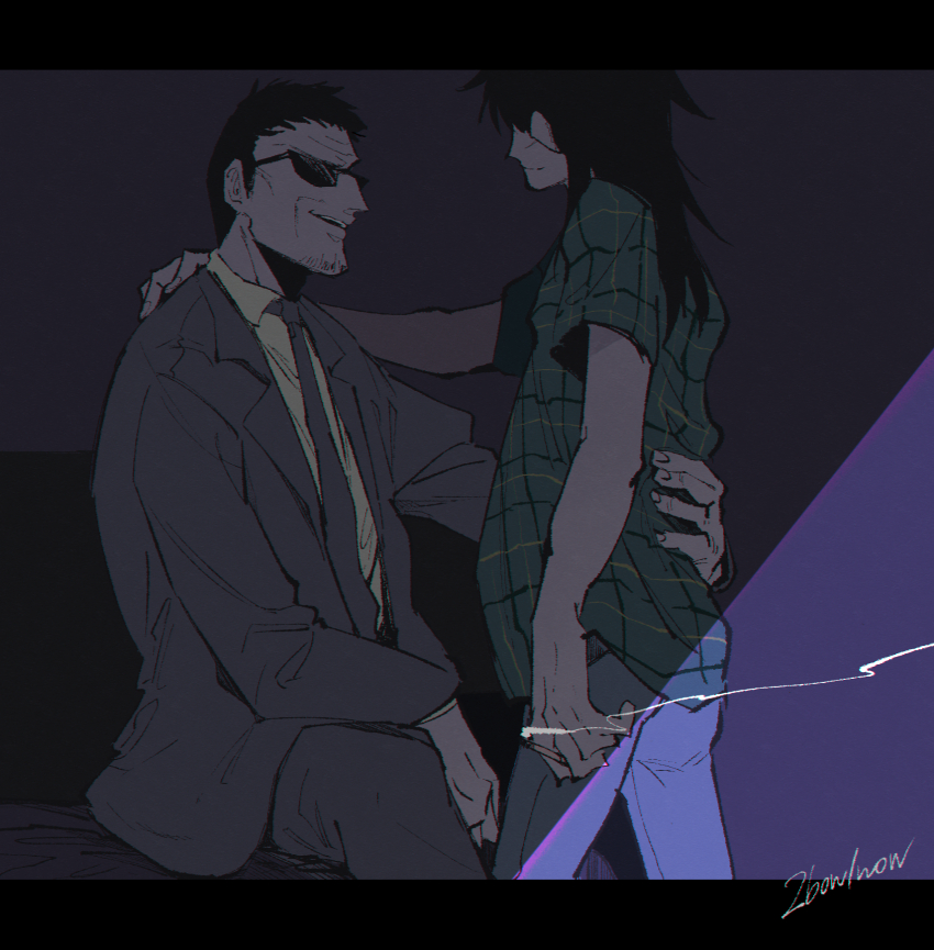2boys, age_difference, black_hair, blue_pants, cigarette, collared_shirt, commentary_request, endou_yuuji