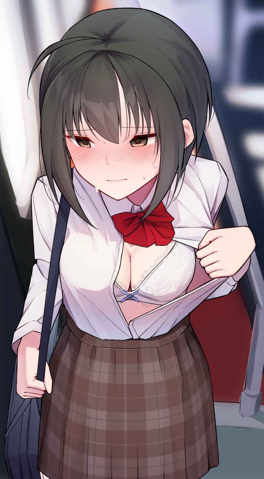 1girl, averting_eyes, bag, black_hair, blurry, blurry_background, blush, bow, bowtie, bra, breasts, brown_eyes, brown_skirt, cleavage, closed_mouth, collared_shirt, commentary_request, cowboy_shot, ear_blush, embarrassed, flashing, floral_print, hair_between_eyes, hand_up, high-waist_skirt, highres, holding_strap, idolmaster, idolmaster_cinderella_girls, kohinata_miho, lace, lace-trimmed_bra, lace_trim, long_sleeves, looking_to_the_side, medium_breasts, miniskirt, nose_blush, partially_unbuttoned, plaid_clothes, plaid_skirt, pleated_skirt, print_bra, red_bow, red_bowtie, rfeulgen, school_bag, school_uniform, shirt, shirt_tucked_in, short_hair, shoulder_bag, sideways_glance, skirt, solo, standing, sweat, train_interior, underwear, white_bra, white_shirt