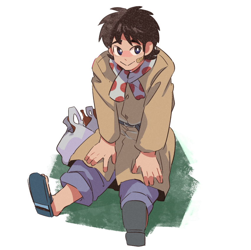 1boy, :>, absurdres, atsuize_pen-chan, bag, bandaid, bandaid_on_cheek, bandaid_on_face