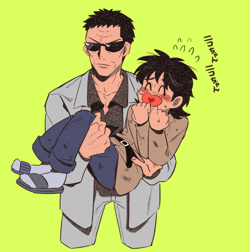 2boys, ^_^, atsuize_pen-chan, belt, black_belt, black_hair, black_shirt, blush