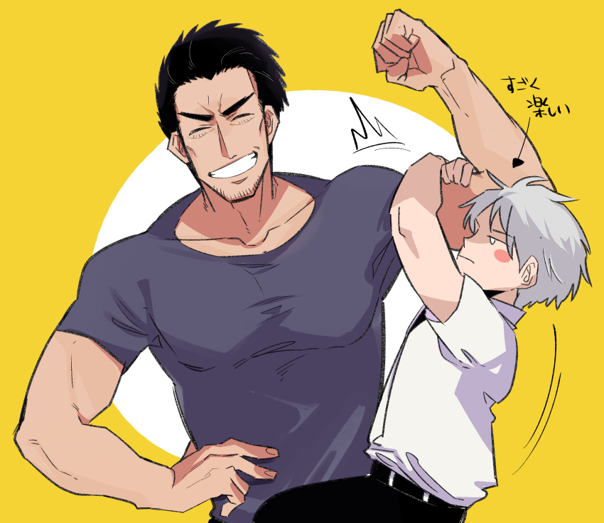 2boys, akagi:_yami_ni_oritatta_tensai, akagi_shigeru, arm_hug, black_hair, black_pants, black_shirt, closed_eyes