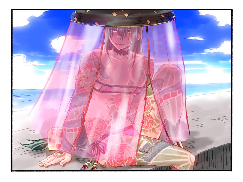 1boy, arm_tattoo, beach, bikini, black_headwear, blue_sky, chest_tattoo, cloud