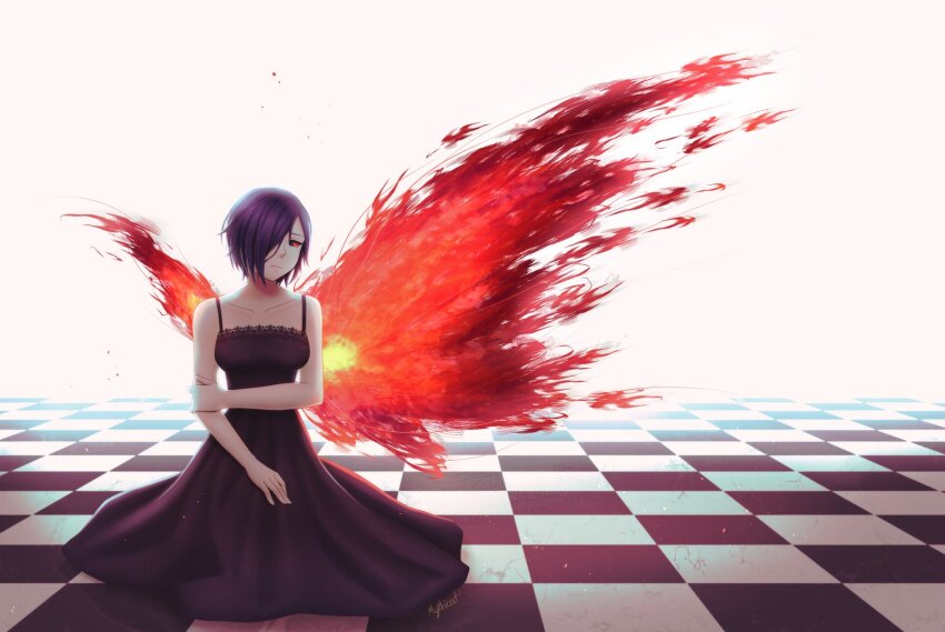 1girl, bare_arms, bare_shoulders, black_dress, black_sclera, breasts, checkered_floor, collarbone, colored_sclera, dress, hair_over_one_eye, highres, kagune_(tokyo_ghoul), kirishima_touka, large_breasts, mythicat, purple_hair, red_eyes, red_wings, short_hair, solo, tokyo_ghoul, torn_wings, white_background, wings