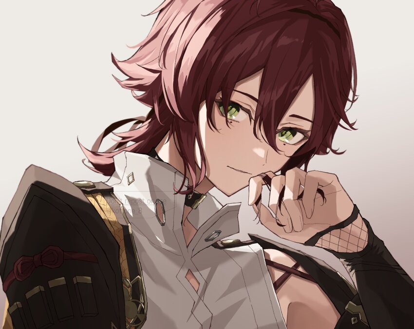 1boy, absurdres, bishounen, choker, genshin_impact, green_eyes, highres, japanese_clothes