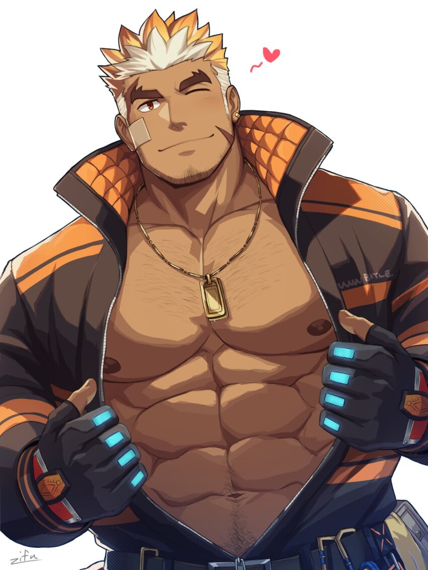 1boy, abs, artist_name, bandaid, bandaid_on_cheek, bandaid_on_face, bara, black_gloves