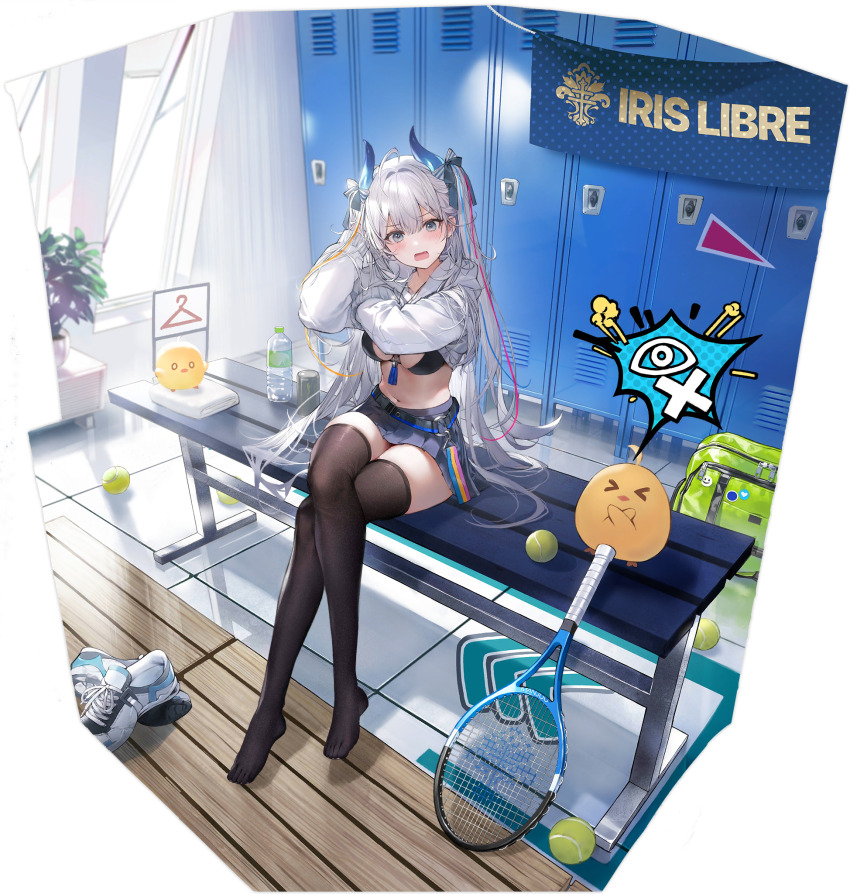 1girl, azur_lane, bag, ball, belt, bench, black_bra, black_thighhighs