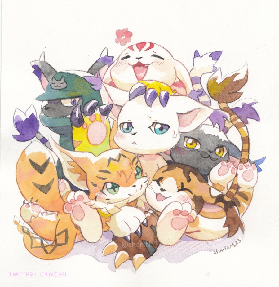 6+others, black_fur, blacktailmon, blacktailmon_uver., blue_eyes, blush, brown_fur, cat, chibicheu, cross-shaped_pupils, digimon, digimon_(creature), gloves, green_eyes, green_jacket, hood, hooded_jacket, hoodie, jacket, meicoomon, mikemon, multiple_others, open_mouth, simple_background, striped_tail, symbol-shaped_pupils, tail, tailmon, tailmon_x-antibody, trait_connection, white_background, white_fur, yellow_eyes