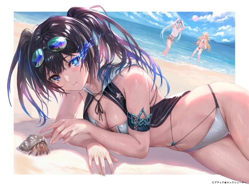 3girls, beach, bikini, black_hair, black_rock_shooter, black_rock_shooter_(character), black_rock_shooter_fragment, blonde_hair