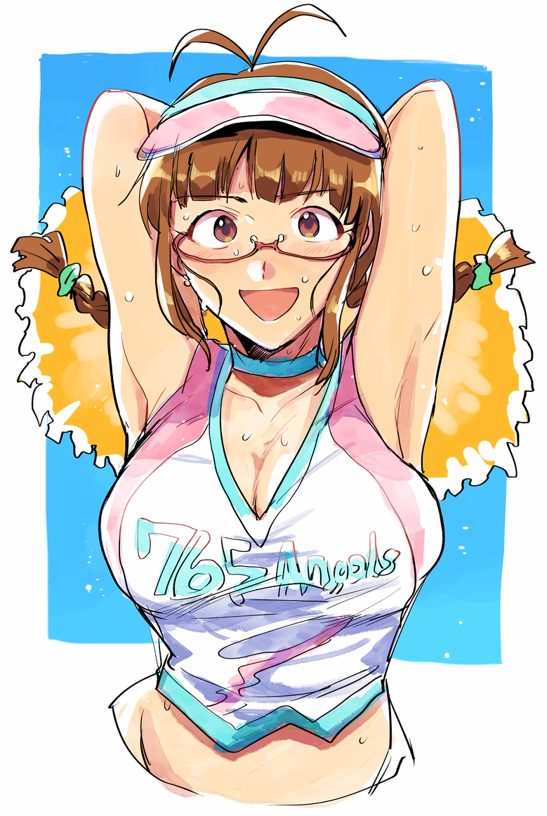 1girl, :d, akizuki_ritsuko, antenna_hair, armpits, arms_behind_head, arms_up, blue_background, blue_choker, blush, border, braid, breasts, brown_eyes, brown_hair, cheerleader, choker, cleavage, collarbone, crop_top, cropped_shirt, cropped_torso, glasses, hair_tie, hiziki723, holding, holding_pom_poms, idolmaster, idolmaster_(classic), idolmaster_million_live!, idolmaster_million_live!_theater_days, large_breasts, looking_at_viewer, midriff, open_mouth, outside_border, pink-framed_eyewear, pom_pom_(cheerleading), pom_poms, print_shirt, shirt, short_hair, simple_background, sleeveless, sleeveless_shirt, smile, solo, sweat, clothes_writing, twin_braids, twintails, two-tone_headwear, upper_body, visor_cap, white_border
