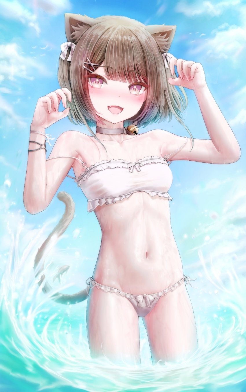 1girl, :d, animal_ears, bell, bikini, blush, breasts, brown_hair