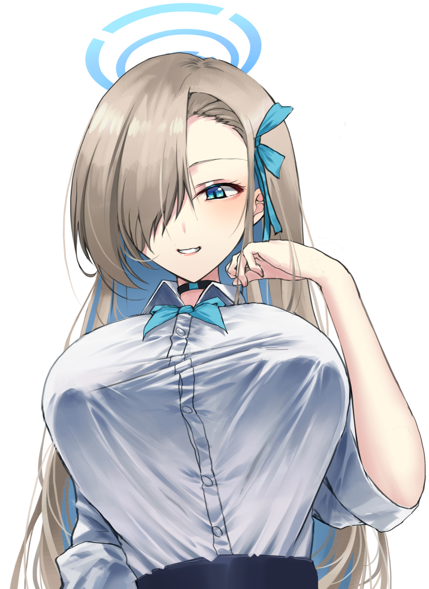 1girl, absurdres, asuna_(blue_archive), asymmetrical_bangs, blue_archive, blue_bow, blue_bowtie, blue_ribbon