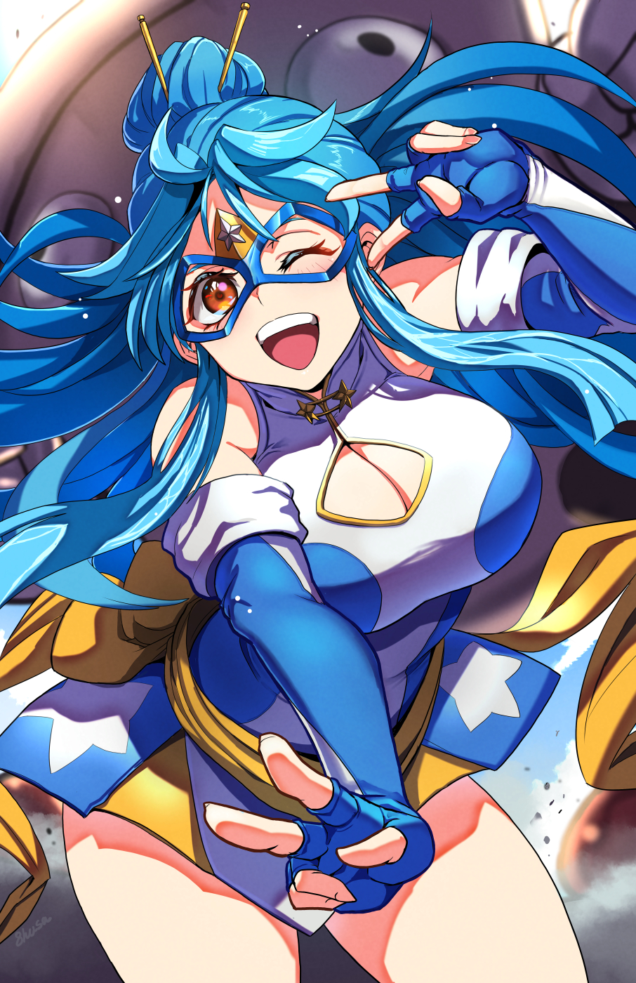 1girl, bare_shoulders, blue_hair, breasts, brown_eyes, cleavage, cleavage_cutout, clothing_cutout