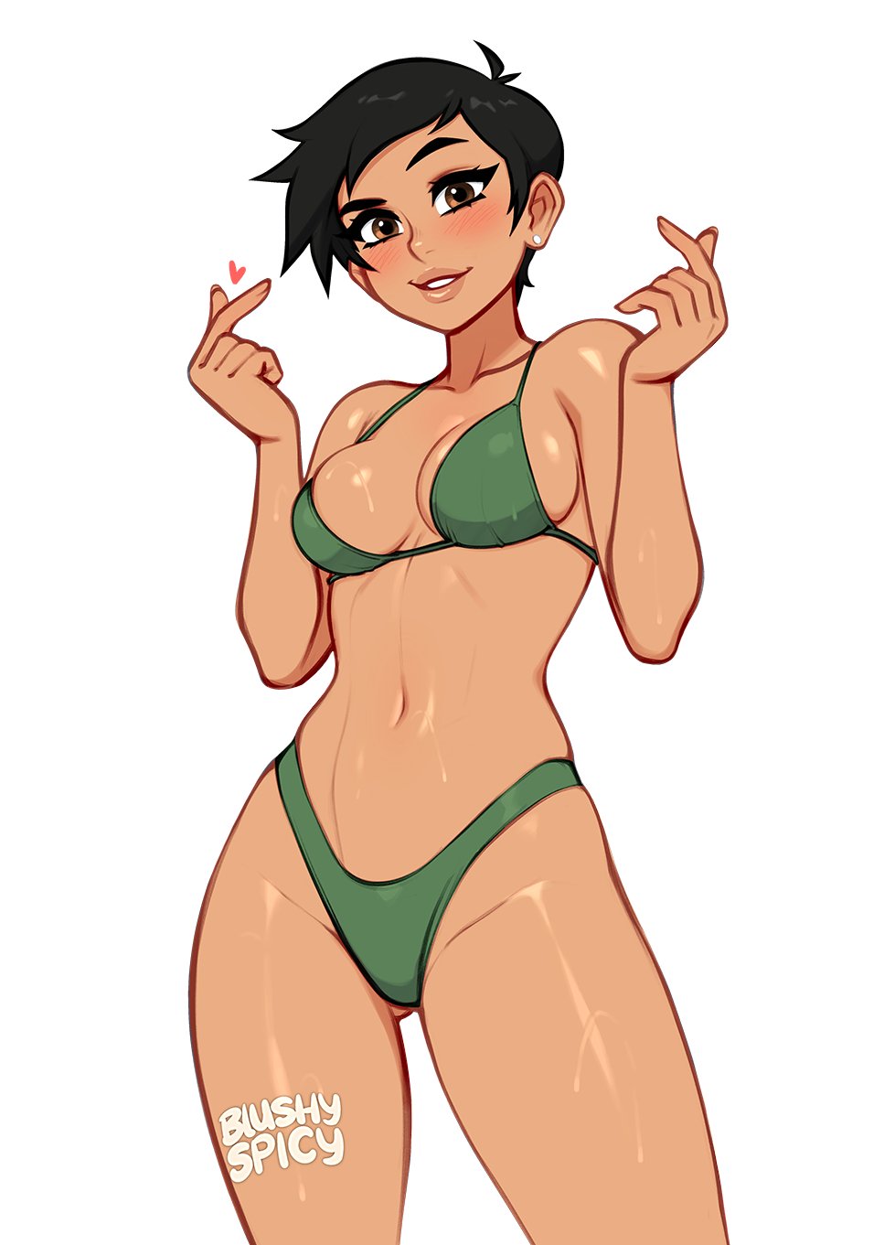 1girl, alternate_costume, artist_name, bikini, blush, blushyspicy, breasts, brown_eyes, collarbone, cowboy_shot, dc_comics, double_finger_heart, earrings, finger_heart, green_bikini, groin, hands_up, highres, jewelry, large_breasts, lois_lane, my_adventures_with_superman, navel, shiny_skin, skindentation, smile, solo, superman_(series), swimsuit, teeth