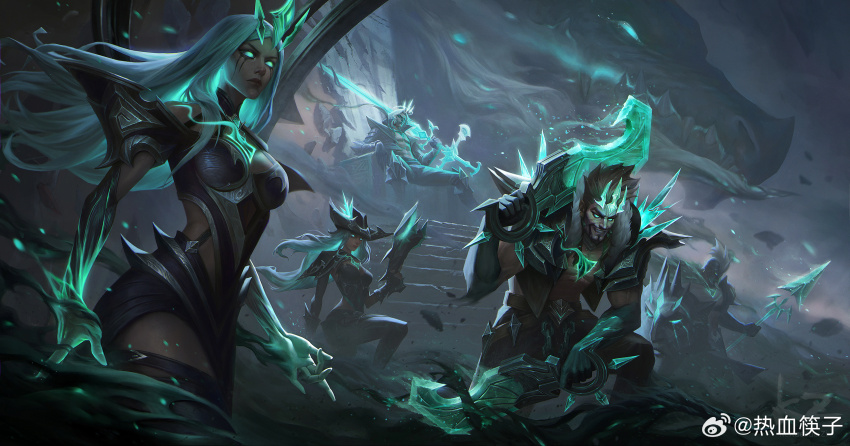 2girls, 3boys, armor, axe, breasts, brown_hair, chair, chenbo