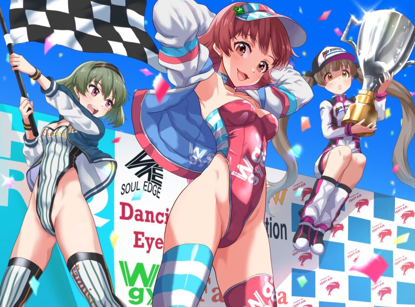 3girls, :d, :o, armpits, arms_up, blue_sky, blush, breasts