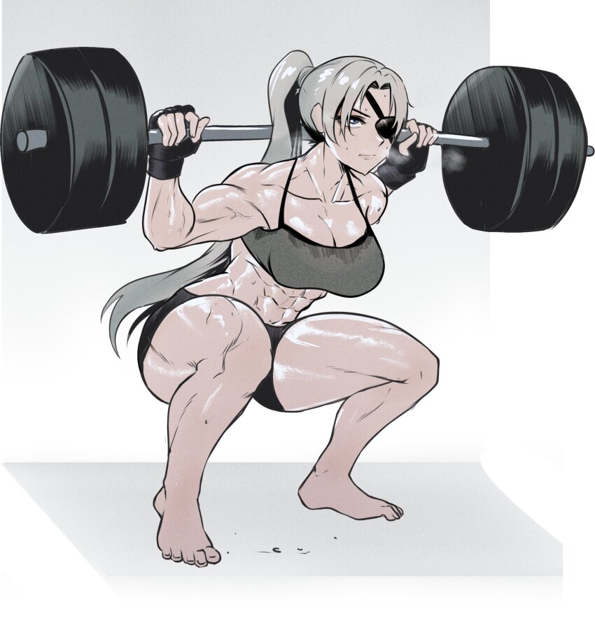 1girl, abs, arsonichawt, barbell, blue_eyes, breasts, cleavage, exercising