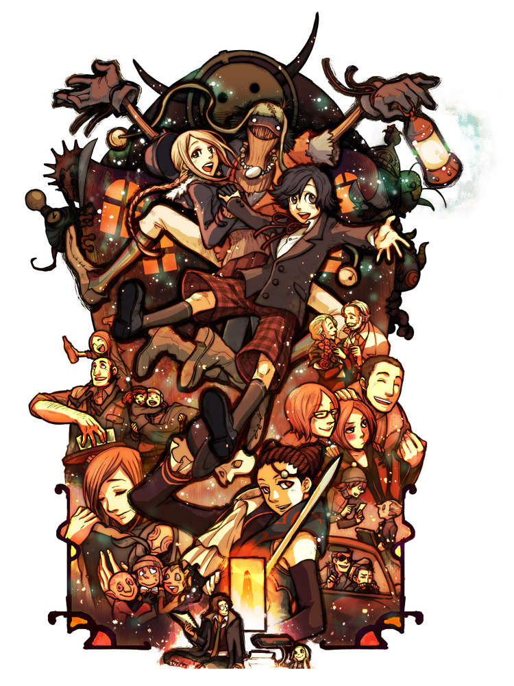 absolutely_everyone, black_eyes, black_hair, blonde_hair, bogle, braid, brown_eyes, brown_hair, car, carrying, cecilia_(folkssoul), charlotte_(folkssoul), closed_eyes, coat, dr.lester, ellen_(folkssoul), everyone, fiona_(folkssoul), folkssoul, glasses, gloves, happy, harriet, hat, helmet, herve, holding_hands, ingrid_(folkssoul), jacket, keats, koyahara, livane, long_hair, motor_vehicle, mrs.lester, necktie, o'connell_(folkssoul), open_mouth, pants, pub_landlord, red_eyes, red_hair, regine_(folkssoul), renaldo, ryan_(folkssoul), scarecrow, scarecrow_(folkssoul), shoes, short_hair, shorts, single_braid, sitting, socks, sunglasses, suzette, trench_coat, wilde