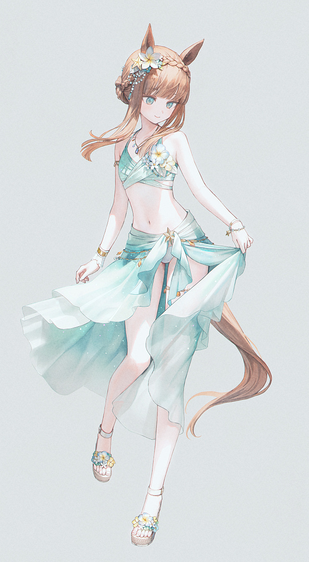 1girl, 21_(nijuichinichi), animal_ears, aqua_bikini, aqua_eyes, aqua_sarong, bare_arms, bare_legs