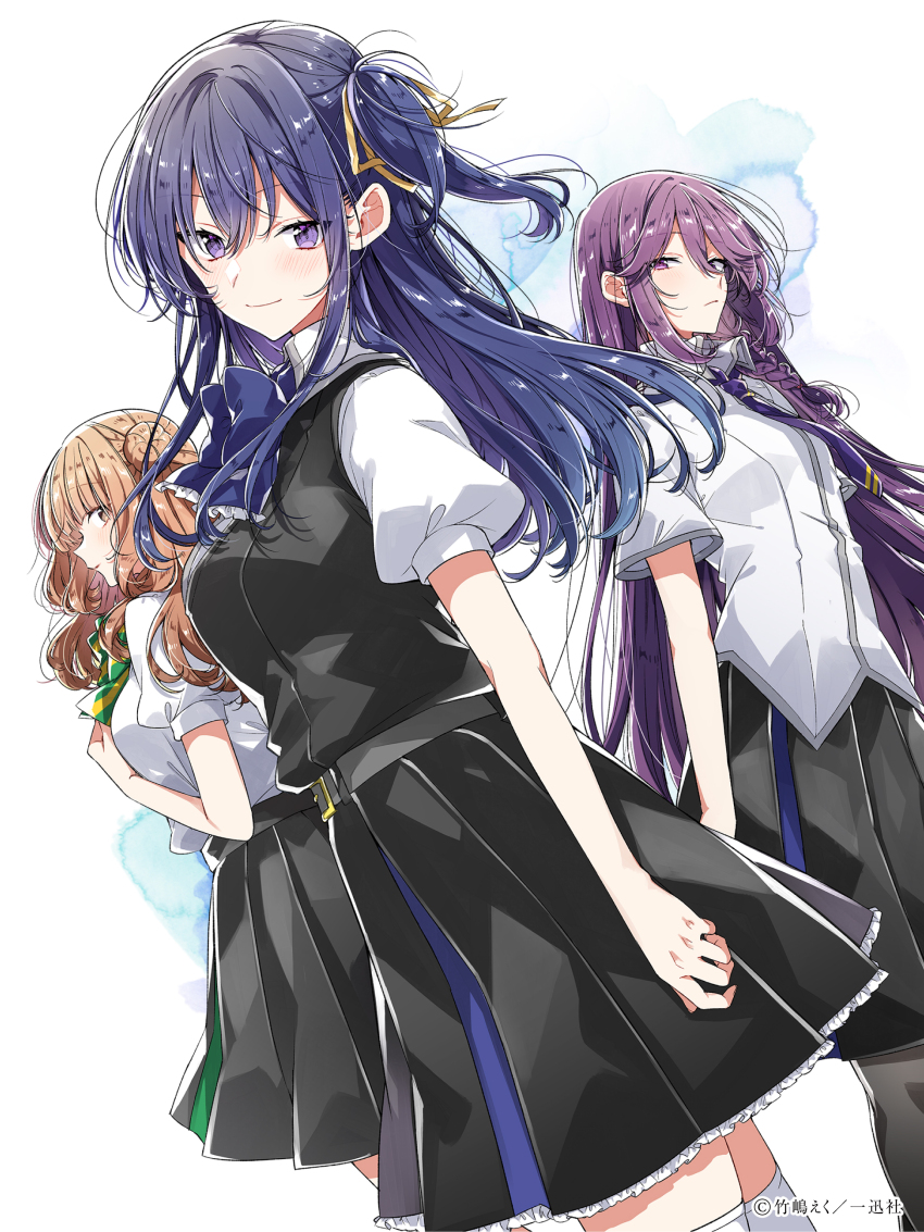 3girls, amasawa_hajime, artist_name, blue_hair, bow, braid, brown_hair, cover