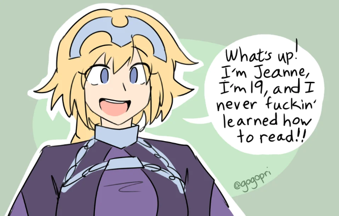 1girl, blonde_hair, blue_eyes, english_text, fate/grand_order, fate_(series), gogopri, headgear, jeanne_d'arc_(fate), jeanne_d'arc_(ruler)_(fate), looking_at_viewer, meme, open_mouth, solo