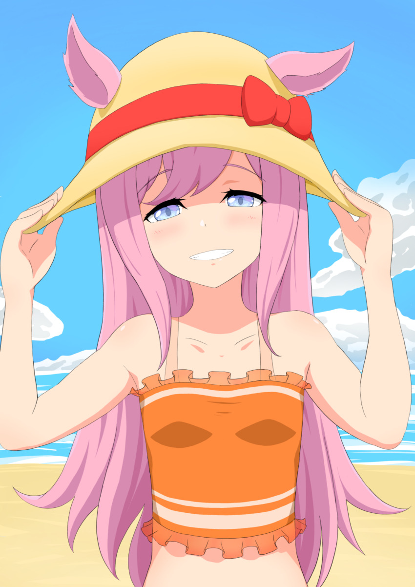 1girl, agnes_digital_(umamusume), alternate_costume, animal_ears, beach, biretti, blue_eyes, blush, breasts, cloud, collarbone, commentary_request, hair_between_eyes, hand_on_own_head, highres, horse_ears, horse_girl, looking_at_viewer, ocean, ribbon, sand, sky, small_breasts, solo, swimsuit, umamusume, upper_body