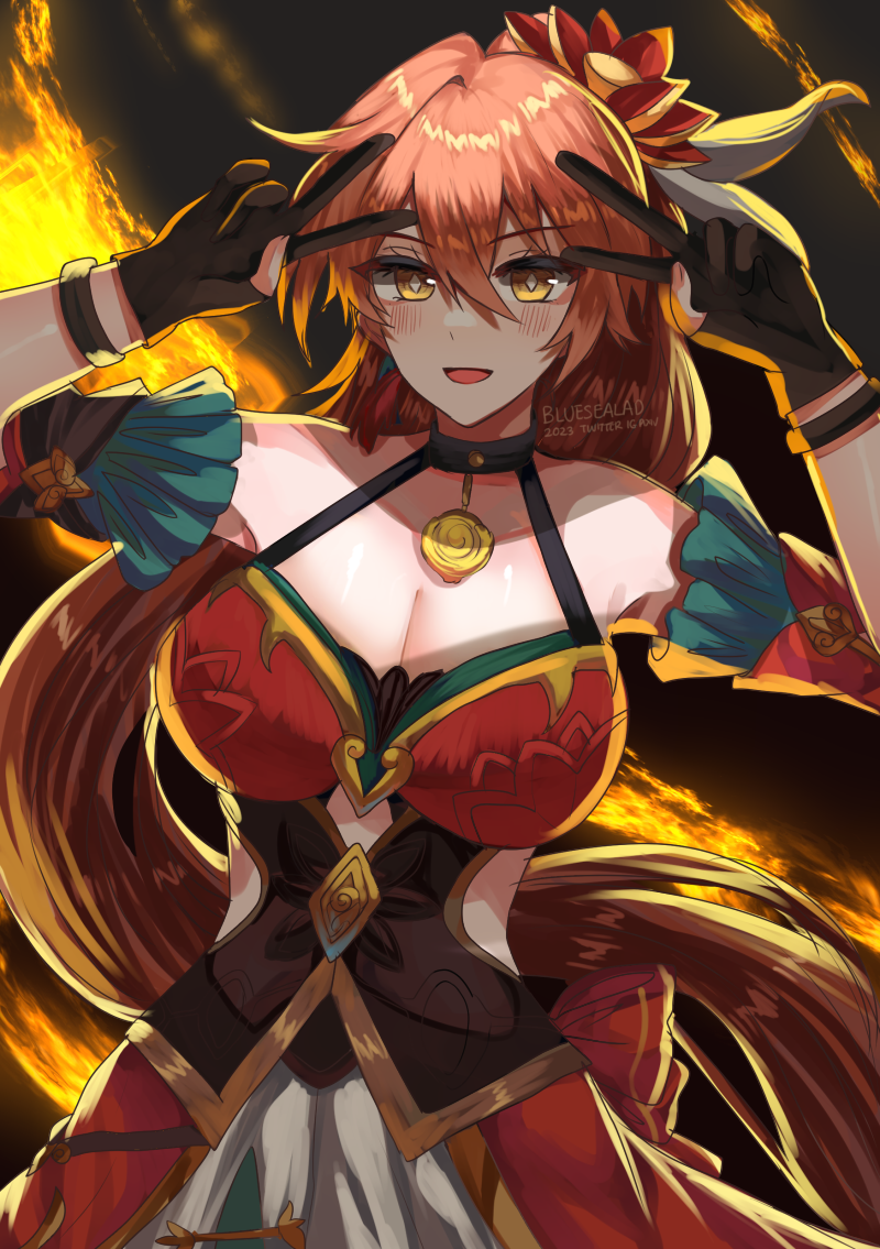 1girl, :d, bare_shoulders, black_background, black_gloves, blue_sealad, breasts, cleavage, commentary, cowboy_shot, detached_sleeves, gloves, guinaifen_(honkai:_star_rail), hands_up, honkai:_star_rail, honkai_(series), large_breasts, large_pectorals, long_hair, looking_at_viewer, open_mouth, orange_hair, pectorals, smile, solo, standing, v, very_long_hair, yellow_eyes