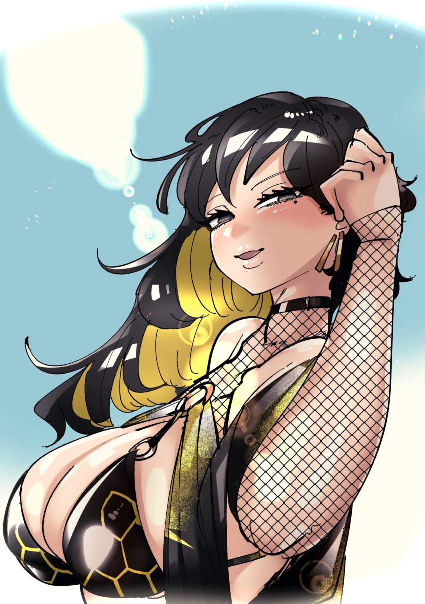 1girl, binah_(project_moon), black_eyes, black_hair, blonde_hair, breasts, cleavage, colored_inner_hair, earrings, fishnets, highres, hoop_earrings, jewelry, kanakanamry, large_breasts, library_of_ruina, long_hair, looking_at_viewer, mole, mole_under_eye, multicolored_hair, o-ring, project_moon, smile, solo, two-tone_hair, upper_body