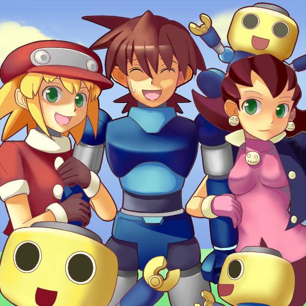 1boy, 2girls, armor, blonde_hair, brown_hair, capcom, closed_eyes, ddd