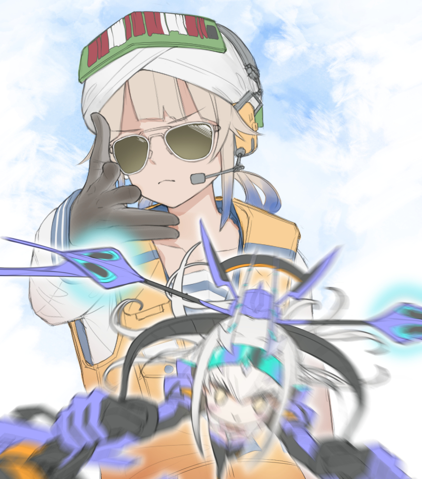 :>, black_gloves, dmith, fate/grand_order, fate_(series), gloves, gradient_hair, headset