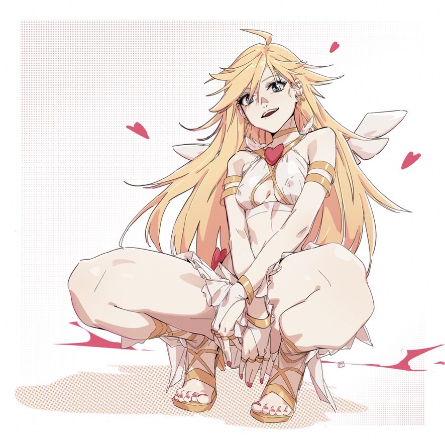 1girl, ahoge, angel_wings, armlet, blonde_hair, blue_eyes, bracelet, breasts, brooch, cleavage_cutout, clothing_cutout, dress, feet, felix_thirasat, gladiator_sandals, heart, heart_brooch, high_heel_sandals, high_heels, jewelry, long_hair, looking_at_viewer, medium_breasts, nail_polish, open_mouth, panty_&amp;_stocking_with_garterbelt, panty_(psg), red_nails, sandals, sitting, skirt, solo, thighs, toenail_polish, toenails, toes, white_background, white_dress, white_skirt, wings