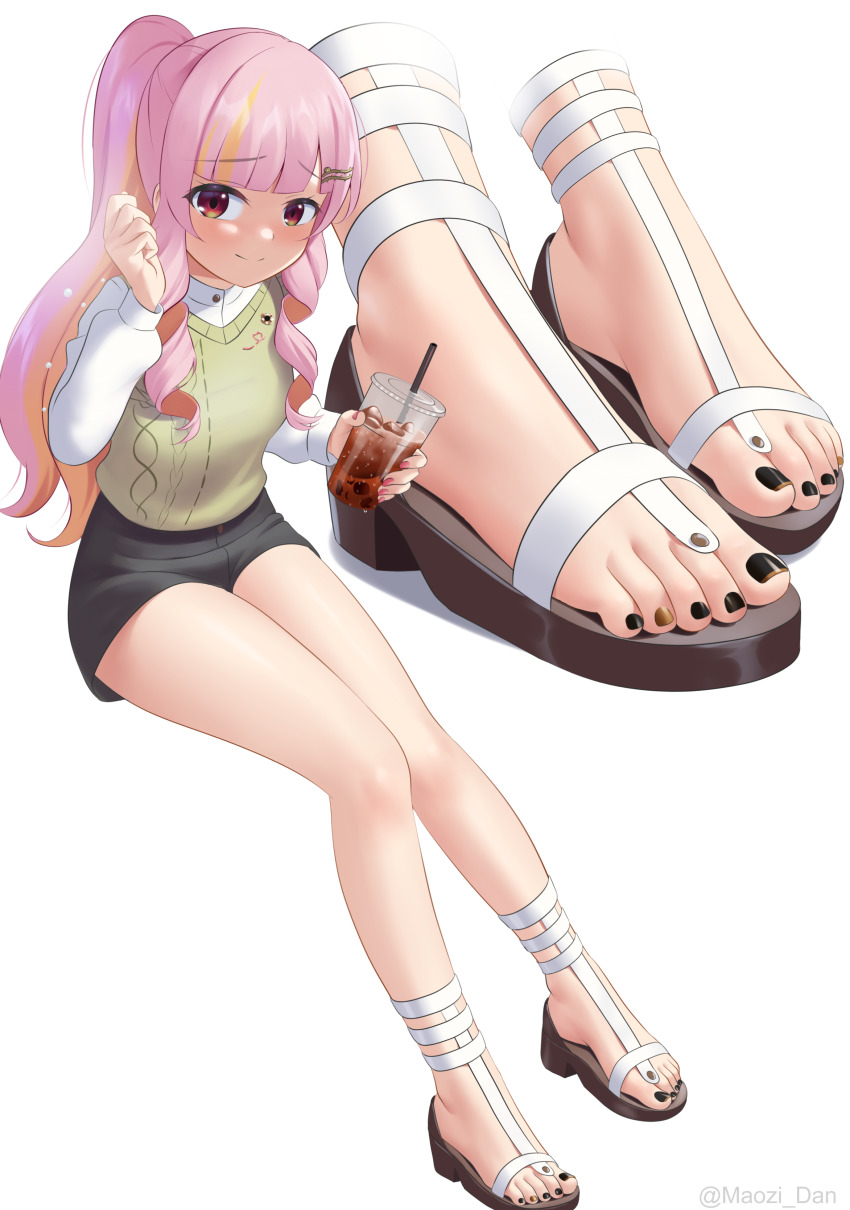 1girl, absurdres, blush, drink, feet, highres, long_hair, looking_at_viewer, maozi_dan, multicolored_hair, nail_polish, nijisanji, nijisanji_en, pink_hair, ponytail, red_eyes, rosemi_lovelock, rosemi_lovelock_(fall_casual), sandals, smile, streaked_hair, toenail_polish, toenails, toes, virtual_youtuber