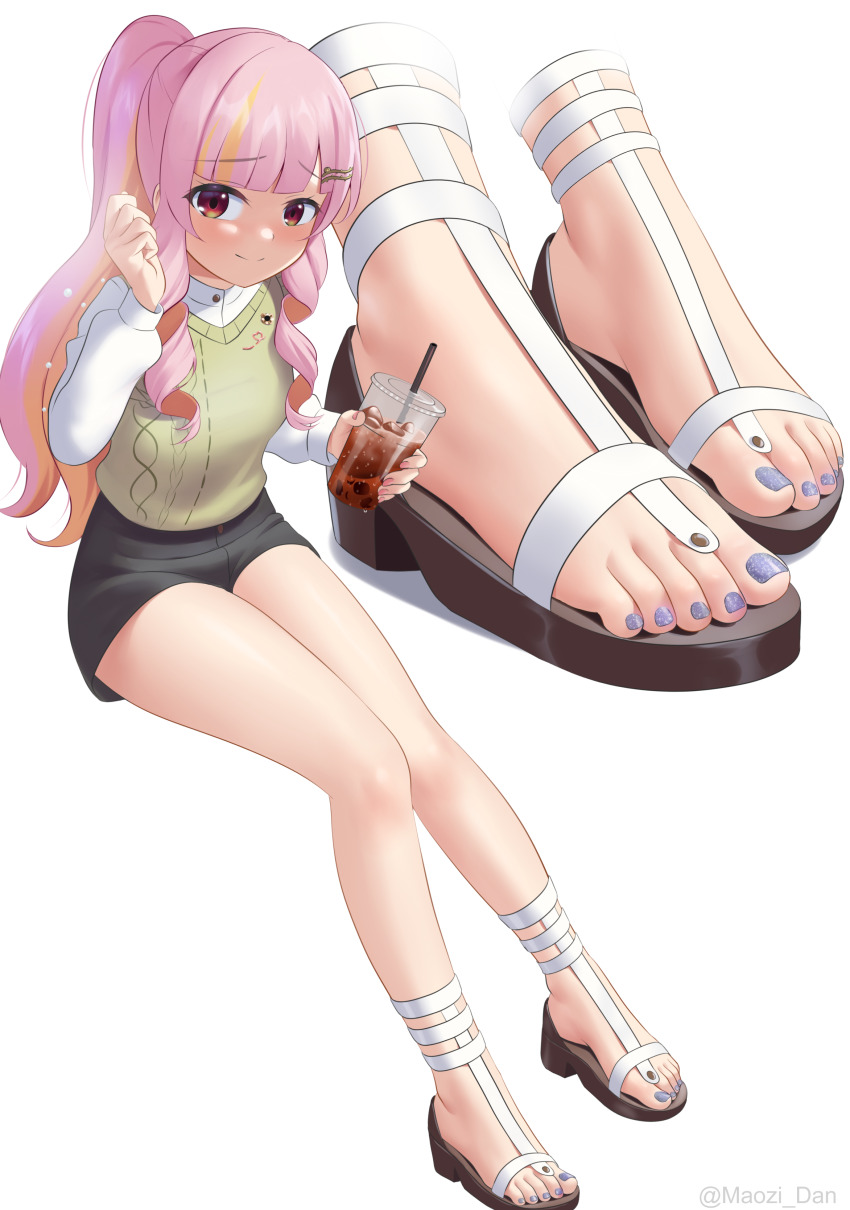 1girl, absurdres, blush, drink, feet, highres, long_hair, looking_at_viewer, maozi_dan, multicolored_hair, nail_polish, nijisanji, nijisanji_en, pink_hair, ponytail, red_eyes, rosemi_lovelock, rosemi_lovelock_(fall_casual), sandals, smile, streaked_hair, toenail_polish, toenails, toes, virtual_youtuber