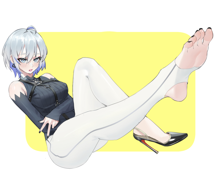 1girl, barefoot, blush, feet, grey_eyes, grey_hair, highres, looking_at_viewer